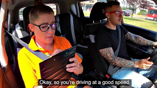Nerdy driving instructor rides student cock