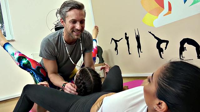 Latina Yoga Teacher with a bald pussy gets double-teamed & fucked doggystyle