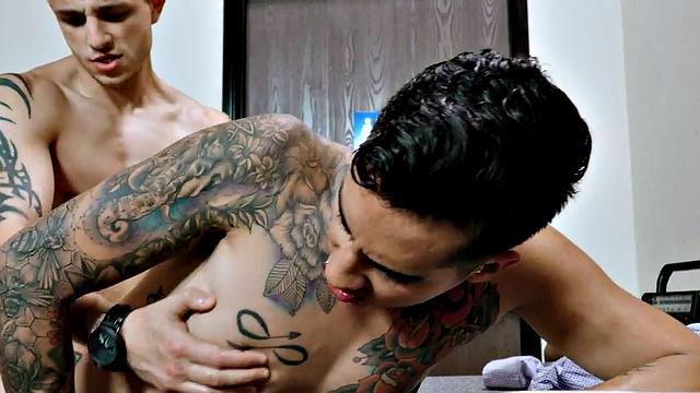 Inked office colleague barebacked till anal cumshot