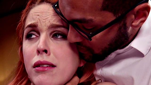 Bound redhead nipple clamped and zapped in threesome