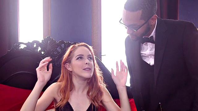 Bound redhead nipple clamped and zapped in threesome