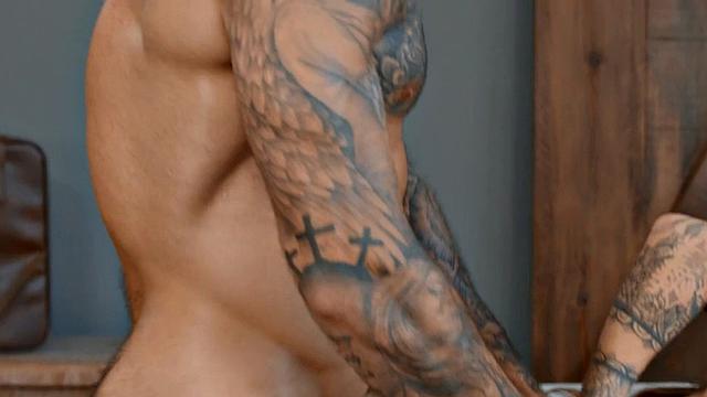 Tattooed bisex MILF in lingerie gets fucked in 3some
