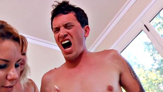 Pegging babes fuck and spank sissy asshole in group