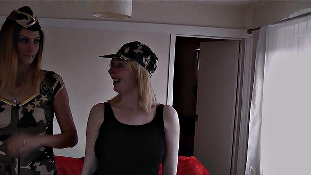 Eva and Jessica sucking on soldier's cock