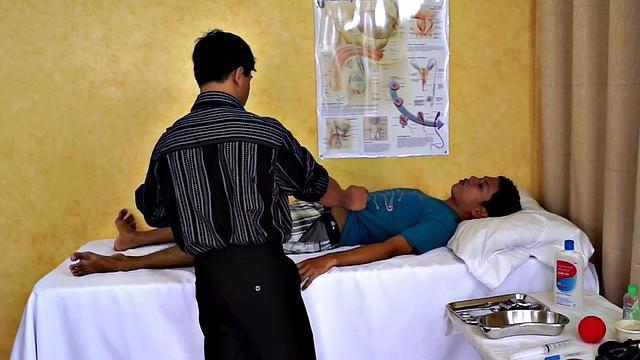 Asian doctor helping twinks cock with blowjob