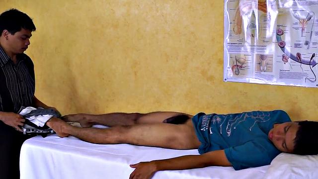 Asian doctor helping twinks cock with blowjob