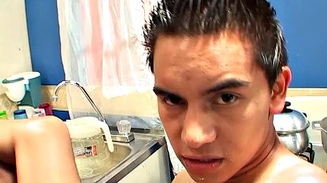 Rather than heading for the bedroom, Latin twinks get it on in the kitchen. Clothes quickly removed for an oral exchange.