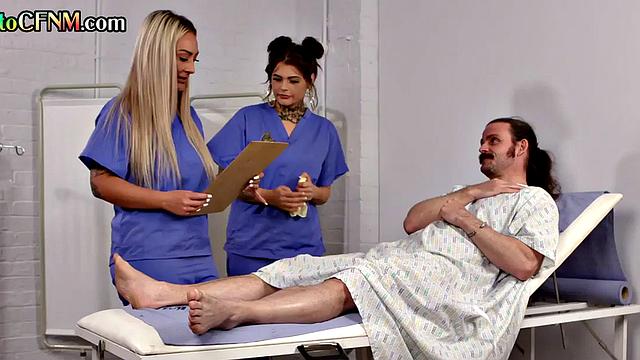 CFNM amateur femdom British nurses suck and jerk in threesome