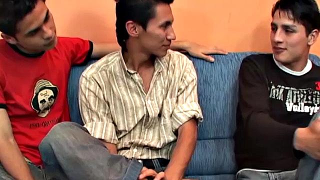 These three Latin twinks are on the sofa, planning their bareback threesome. Alfredo is the first to get naked and feeds Eduardo his big stiff cock, while Ferdynan goes down on Eduardo.