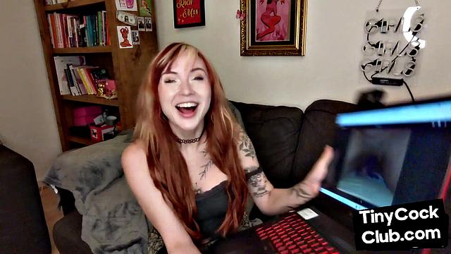 Inked ginger femdom ridiculing small cock