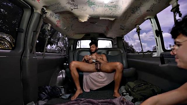 Pulled straight stud fucks in public van outdoor