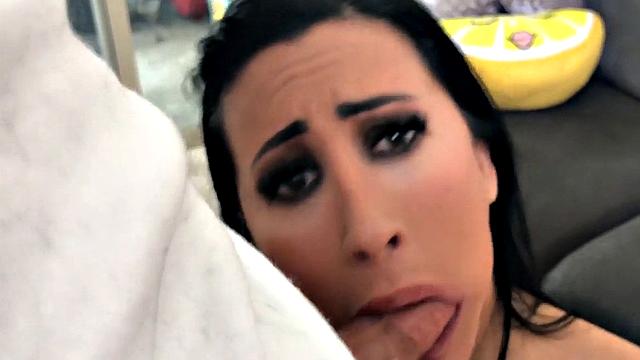 Deepthroating tattooed amateur MILF in fishnets POV fucked