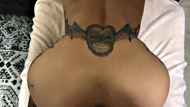 Deepthroating tattooed amateur MILF in fishnets POV fucked