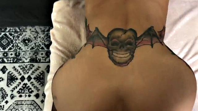 Deepthroating tattooed amateur MILF in fishnets POV fucked