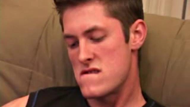 Marc Sterling grabs his package, then exposes his huge cock. After some two-fisted stroking, and some pre-cum eating, Marc strokes out a messy cum load onto his face.