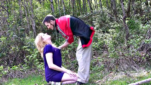 Dirty teen sucks on hard cock outdoors in the woods