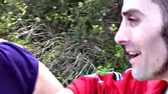 Dirty teen sucks on hard cock outdoors in the woods