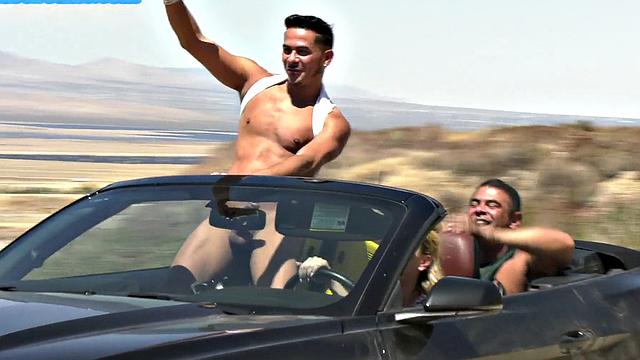 Outdoor bisex MMF DP threesome with busty deepthroating babe