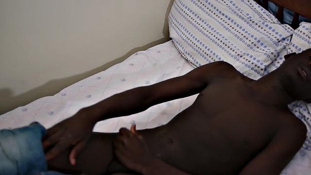 Ebony twink from Africa wanks and cums in solo action