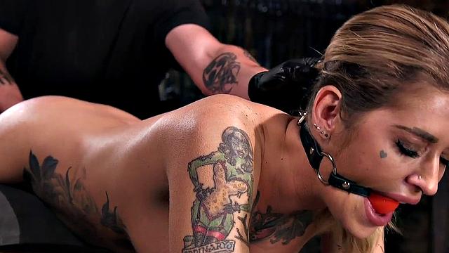 Mouthgagged submissive handling pole fuck