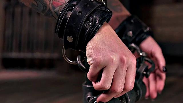 Mouthgagged submissive handling pole fuck