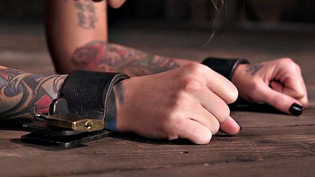 Mouthgagged submissive handling pole fuck