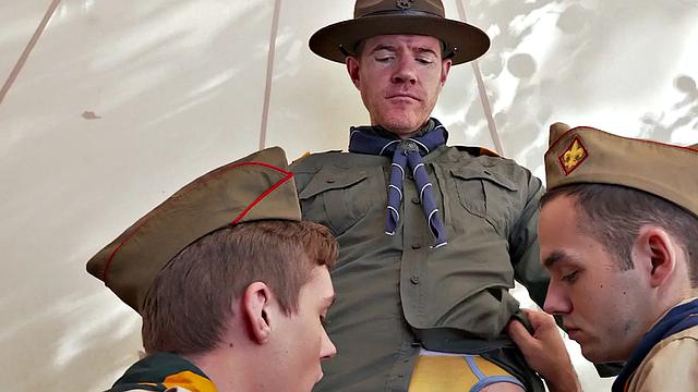 Elder gay scout fucks twinks in tent 3some outdoors