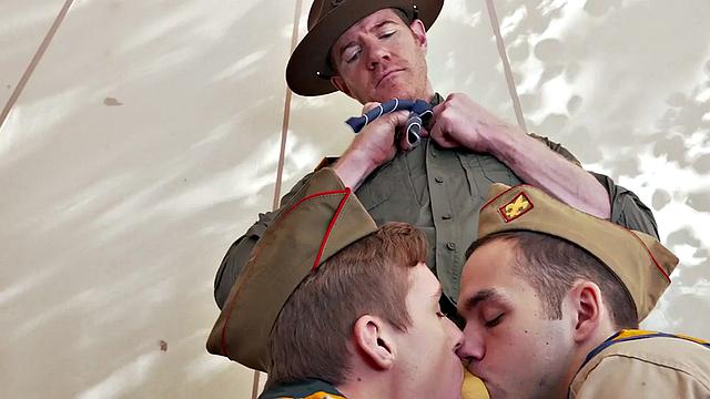 Elder gay scout fucks twinks in tent 3some outdoors