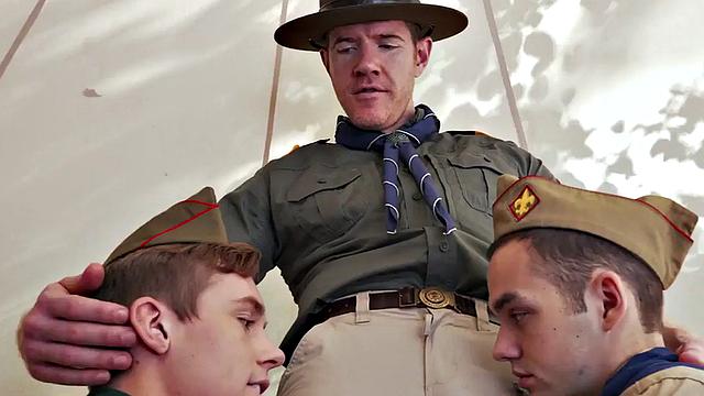 Elder gay scout fucks twinks in tent 3some outdoors