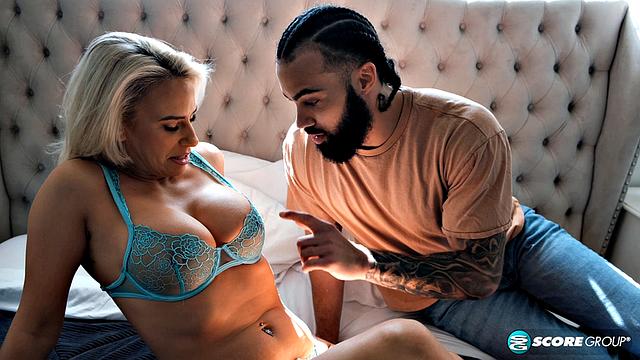 When husband's away, hot blonde MILF Sadie Rose sucks and fucks young meat