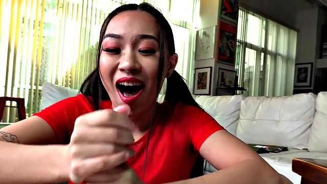 Teasing Asian domina wanks cock in POV handjob