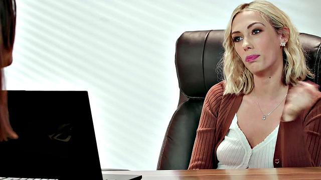 Lesbian babes lick each other's hairy pussy in office