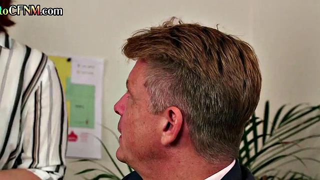 CFNM secretary strokes and sucks boss while dirty talking
