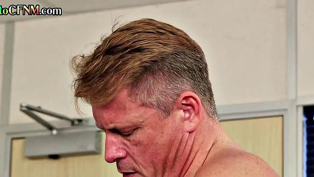 CFNM secretary strokes and sucks boss while dirty talking