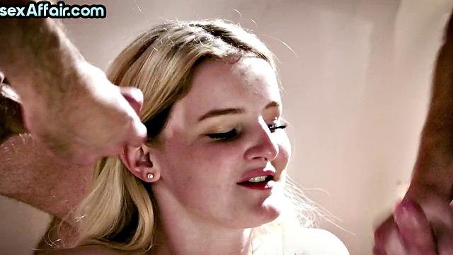 Busty bisex babe covered in cum in 3some after sex