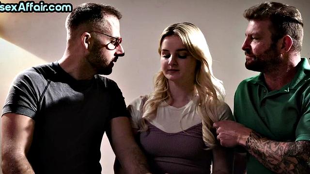 Busty bisex babe covered in cum in 3some after sex