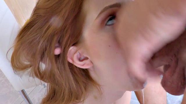 Deepthroating redhead gets her hole rammed hard