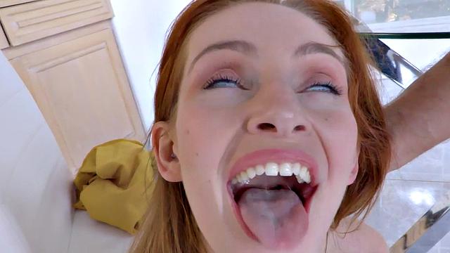Deepthroating redhead gets her hole rammed hard