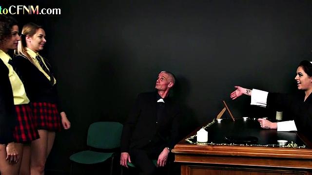 CFNM sluts deepthroating fake priest and make him cum