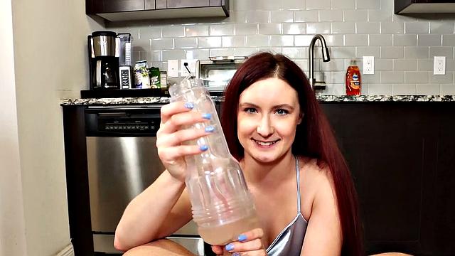 Edging redhead with big tits stroking BF's cock