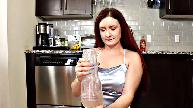 Edging redhead with big tits stroking BF's cock