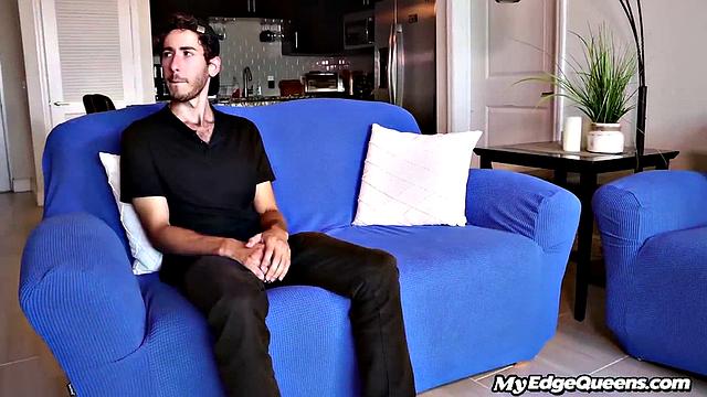 busty MILF toying lover's big cock