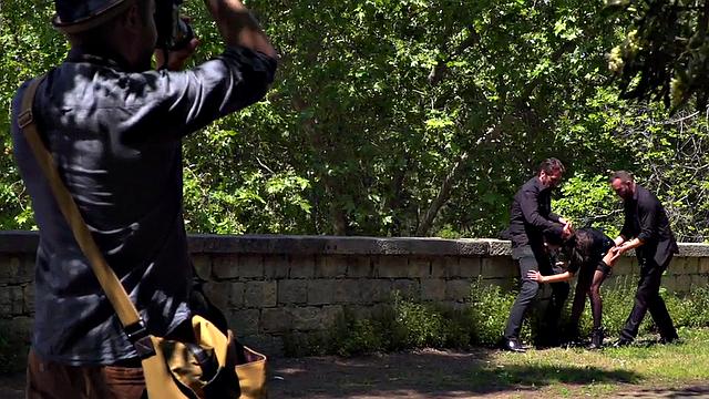 Throating teen in stockings spanked in public 3some