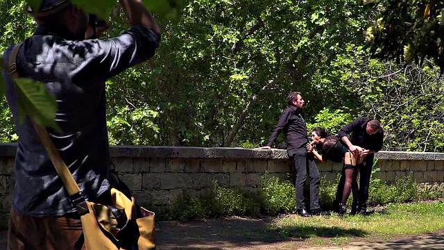 Throating teen in stockings spanked in public 3some