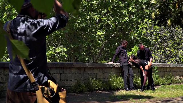 Throating teen in stockings spanked in public 3some