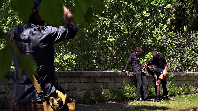 Throating teen in stockings spanked in public 3some