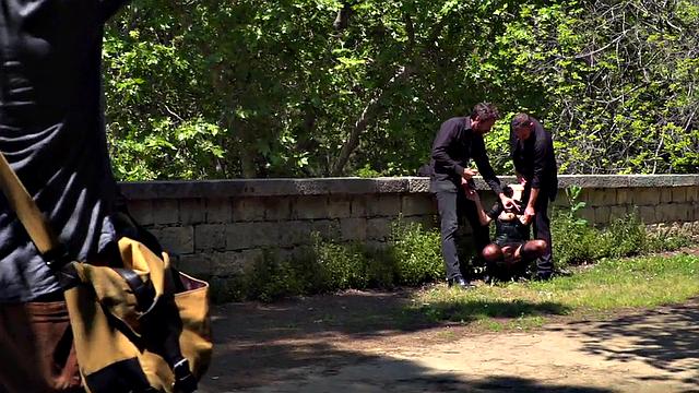 Throating teen in stockings spanked in public 3some