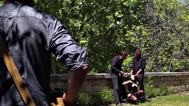 Throating teen in stockings spanked in public 3some