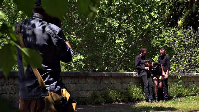 Throating teen in stockings spanked in public 3some