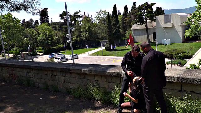 Throating teen in stockings spanked in public 3some